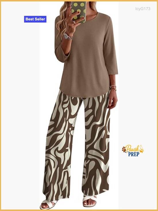 Pants - Two Piece Lounge Set with Pockets 3/4 Sleeve Top and Printed Pants